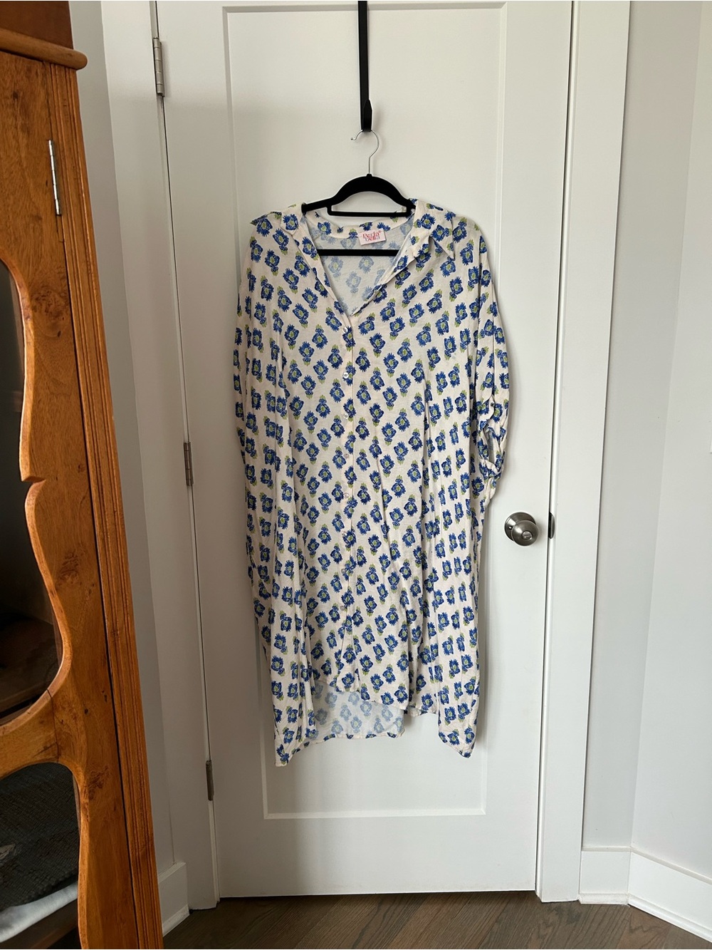White Floral Patterned Tunic Dress in Blue and Green
